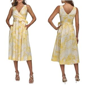 Donna Karen New York Yellow and White Print Tie Waist Sleeveless Midi Dress